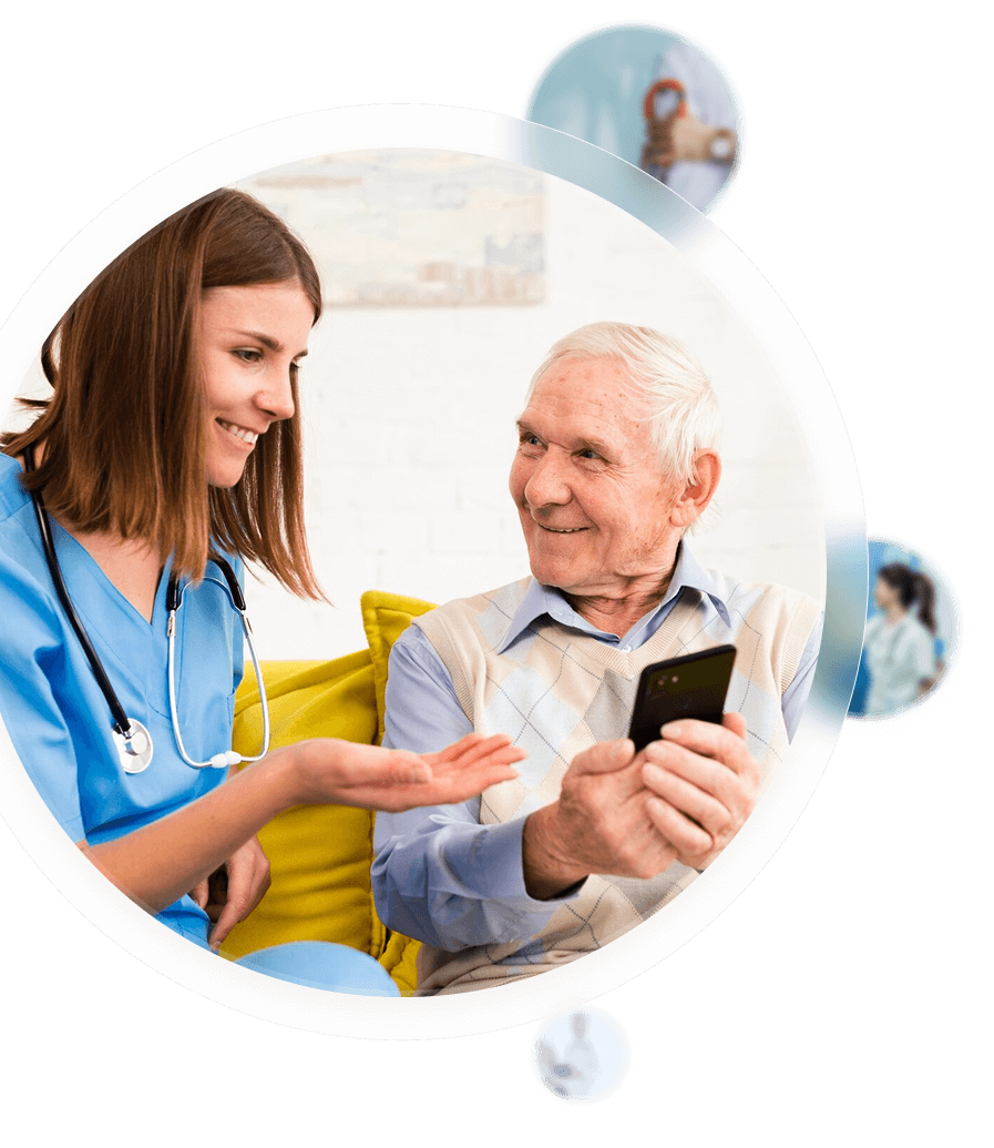 Clinical team collaborating during a GUIDE care coordination meeting, with one nurse guide a patient how to use the app.