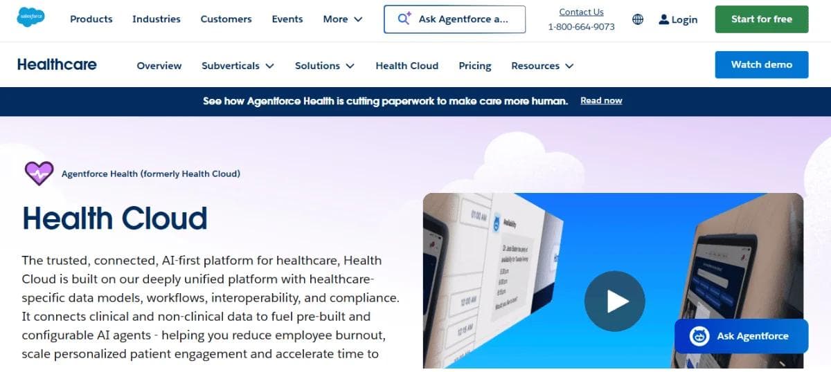 Salesforce Health Cloud webpage showcasing an AI-first healthcare platform. Features include navigation menu, product info, and Ask Agentforce button.