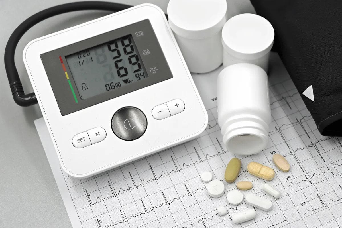 Medical pills next to digital blood pressure machine.