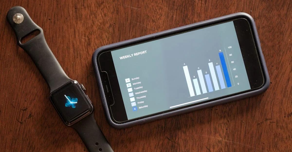 Apple Watch and smartphone displaying health analytics charts on wooden surface showcasing future of connected health.