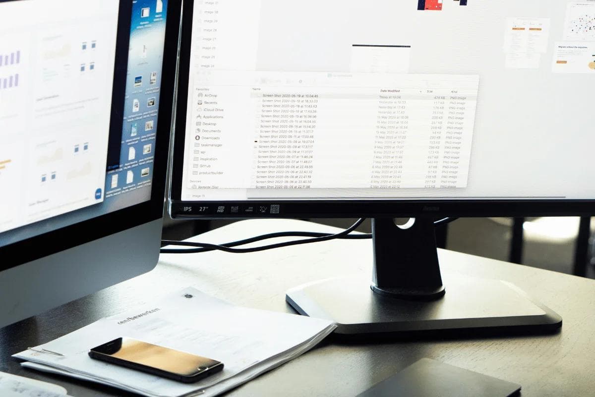 Dual monitors displaying file folders and data charts.