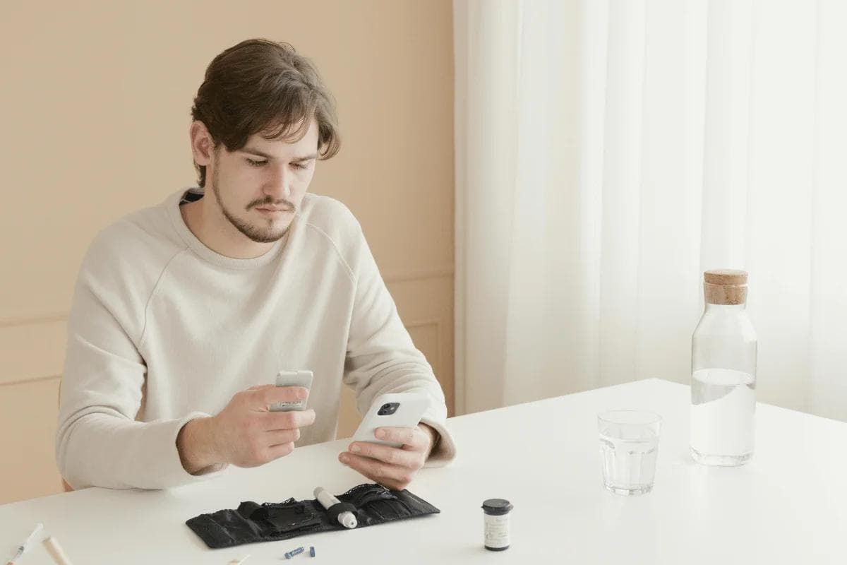 A man in a white sweater looks at his phone, sitting at a white table with medical supplies, a glass of water, and a water bottle. The scene is calm and focused.