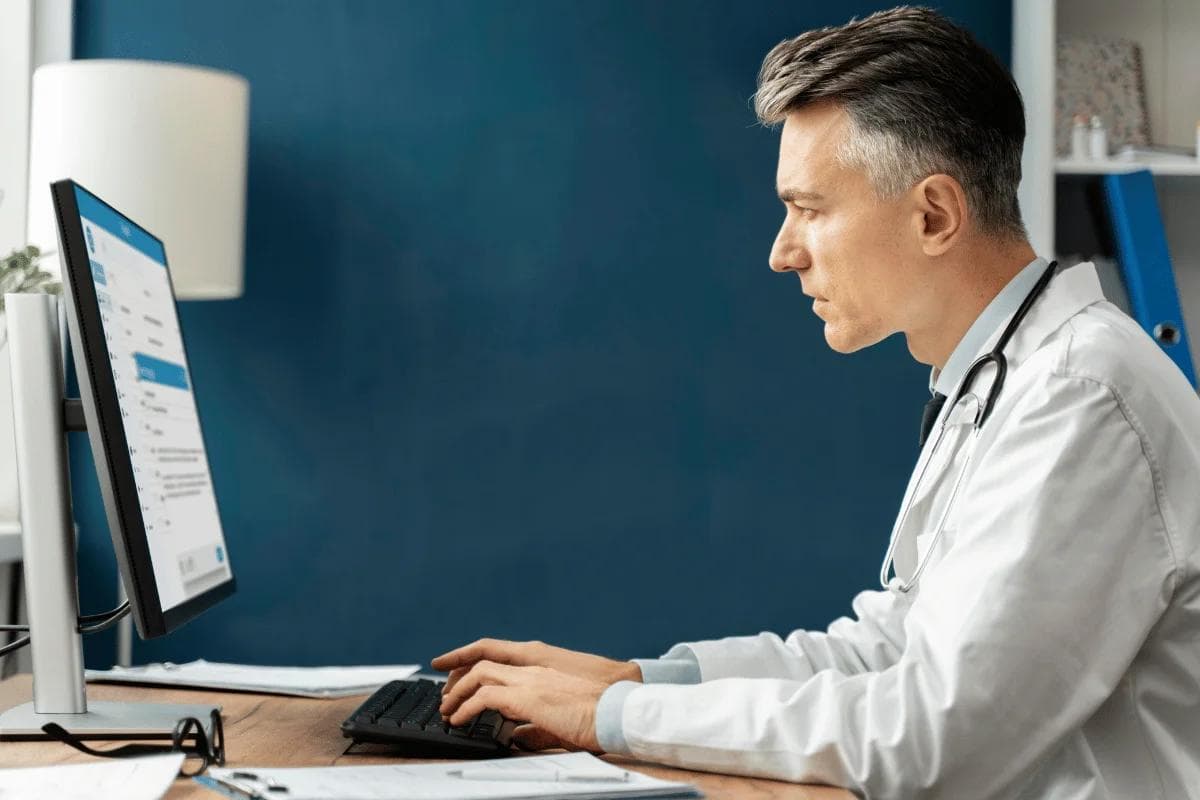 Male doctor reviewing patient records on a computer.