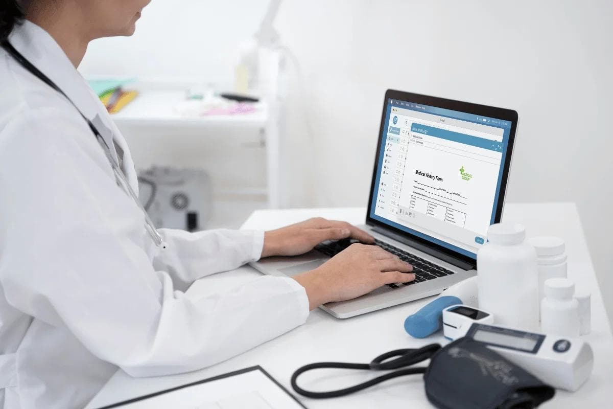 Doctor typing on laptop with patient records open.