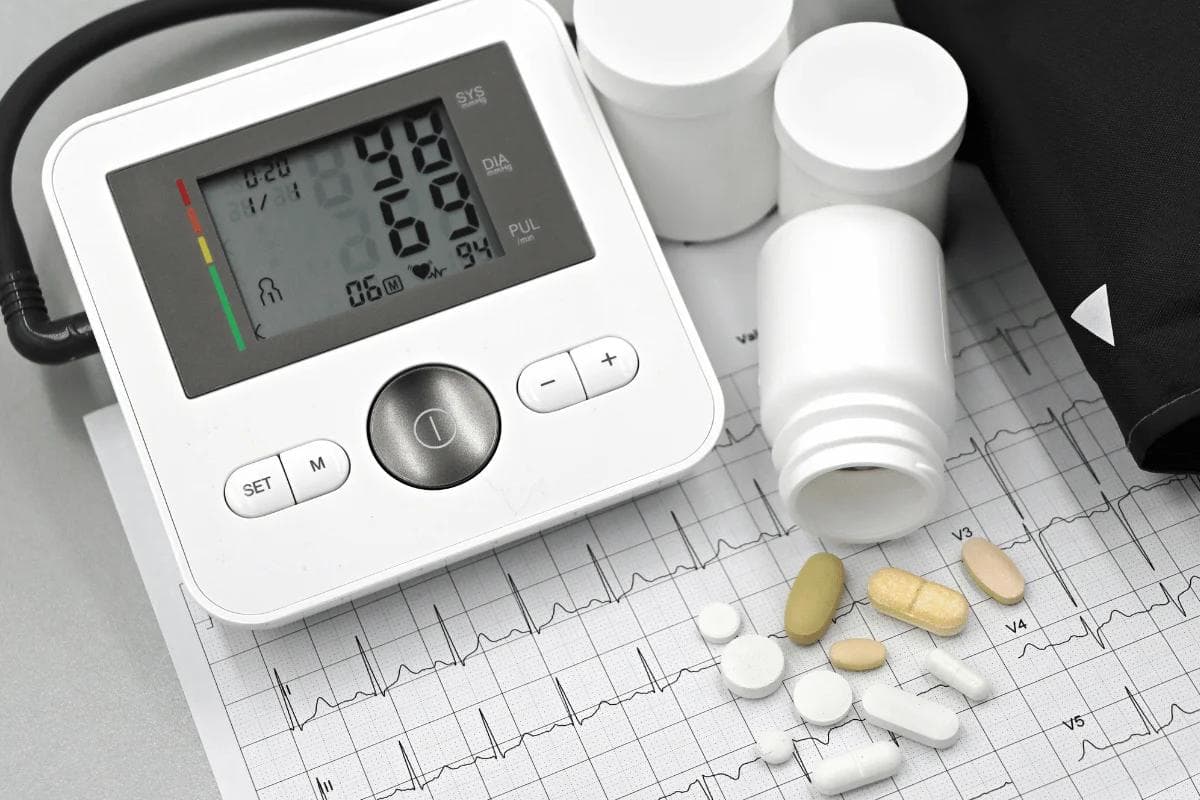 Blood pressure monitor shows a reading of 129/65 on an ECG printout. Nearby are pills and medication bottles, indicating a health monitoring theme.