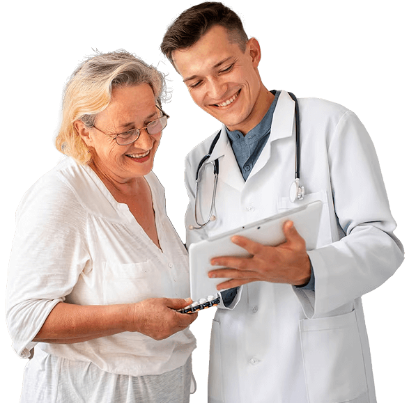 Doctor showing tablet to senior patient